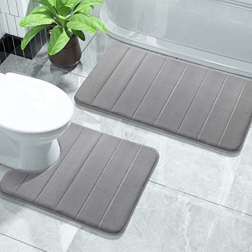 Yimobra Memory Foam Bath Mat Set, 2 Piece Soft Bathroom Rug,81x51 cm and 61x52 cm U-Shaped, Toilet Mat, Water Absorption, Non Slip, Thick, Dry Fast for Bathroom Floor Mat, Grey
