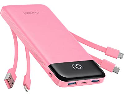 Charmast Power Bank 10000mAh con Cables Integrados, USB C Cargador Portátil 5V / 3A Powerbank Pantalla LED con 6 Salidas y 3 Entradas para iPhone Samsung Huawei Xiaomi