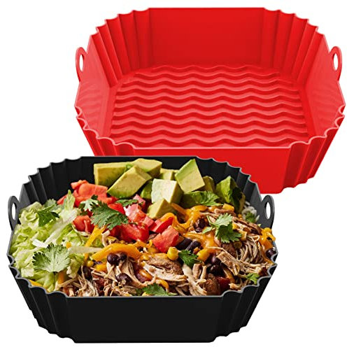 FROVEN 8 Inch Silicone Air Fryer Liners Square (2 Pack) Red & Black Reusable Non-Stick Inserts with Handles for Mess-Free Cooking & Heat Resistance – Compatible with Ninja COSORI Instant Vortex & More