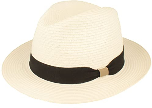 Breiter Strohhut Trilby Sommerhut Sonnenhut aus 100% Papier knautschbar mit Garnitur Besonders Leicht, Flexibel, Hautfreundlich Bequem weiß, Band schwarz XL