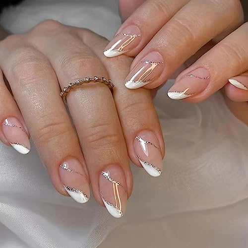 Ceboic 24 Stück Glänzend Press on Nails Kurz, Mandel Französische Kunstnägel Nägel Zum Aufkleben Nude Weiß Falsche Nägel Acryl Drücken Sie auf Nagelspitzen für Frauen und Mädchen (Nude Weiß)