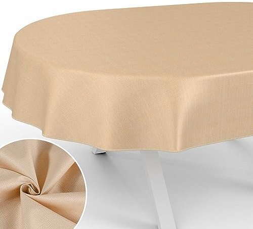 Stoff Tischdecke Textil Tischwäsche Tischtuch Baumwolle Polyester abwaschbar Uni Ornament Damast Jacquard Gewebe waschbar Beige Oval 240x140cm mit Saum (Eingefasst)