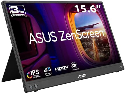ASUS ZenScreen 15.6” 1080P USB-C Portable Monitor Setup for Laptop/Mac (MB16AHV) - FHD, IPS, Blue Light Filter, Anti-Glare, Mini HDMI, Kickstand, Tripod Mountable, Protective Sleeve, 3year Warranty