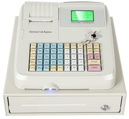 Caisse Enregistreuse Professionnelle, Caisse enregistreuse électronique, caisse enregistreuse à 48 touches avec tiroir, clavier plat et imprimante thermique, huit emplacements for pièces de monnaie et