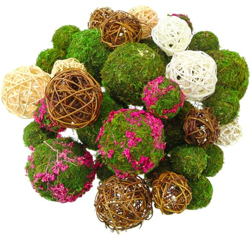 Yunsailing 36 Pcs Moss Decorative Balls for Centerpiece Bowls and Rattan Wicker Balls Handmade Orbs Spherical Assorted Vase Filler Tabletop Decor for Garden Wedding Party (Rustic, Elegant Colors)