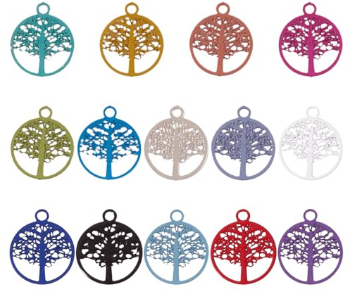 Spritewelry Ciondoli a forma di albero della vita, in acciaio inossidabile, colorati, piatti e rotondi, con albero inciso, decorazioni in metallo per orecchini, collane, bracciali, gioielli, 12 mm,