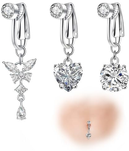 3 Stück Fake Bauchnabelpiercing, Fake Belly Button Piercing, Chirurgenstahl bauchnabelpiercing fake, Bauchnabelpiercing Clip, Kristallkugel Anhänger Herz Nabel Piercing Schmuck für Frauen(Silber)