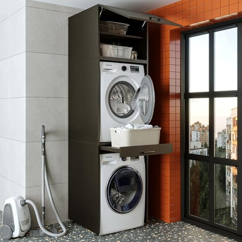 ROOMART • Armoire pour machine à laver et sèche-linge • avec étagère amovible • Blanc • Chêne noir • Armoire sur machine à laver (chêne noir, avec armoire rabattable de 57 cm)