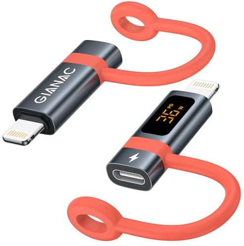 GIANAC USB C auf Lightning Adapter (2 Stück) mit LED Display, 36W Schnellladung, Anti-Verlust Seil für iPhone 14 13 12 11 Pro Max, iPad Pro/Air 5