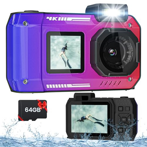 fohoa Appareil Photo numérique 4K 10 m avec Carte 32 G, caméra sous-Marine 48 MP étanche, Robuste, résistante à la poussière et aux Chocs pour la plongée avec Tuba, Point à Double écran Selfie et