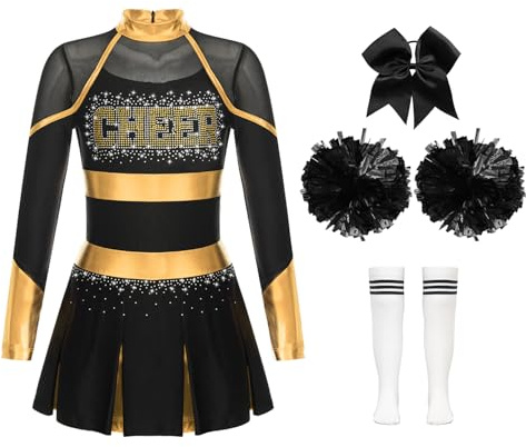 Yruioon 4Pcs Mädchen Cheer Leader Kostüm Langarm Cheerleading Kleid mit Pompoms Socken Haarband Glitzer Tanzkleid Halloween Karneval Fasching Kostüm