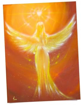 Grosses Kunst Bild mit Engel - Gemälde Poster in Orange Braun für Ruhe, Kraft & Vertrauen „Das Herz weiß es“ (60x80cm)