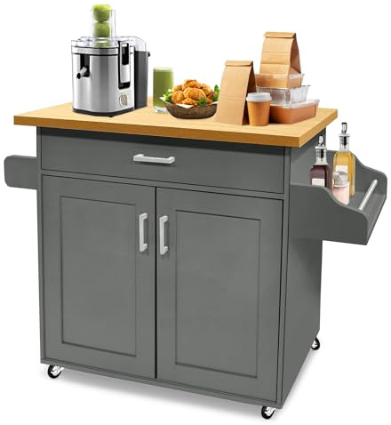 YRHome Bewegliche Kücheninseln Küchenwagen mit Gewürzboard Handtuchhalter & Schublade Küchenwagen auf Rollen Küchenschrank mit Arbeitsplatte aus Holz Küchentrolley Servierwagen 115 x 36 x 90 cm Grau