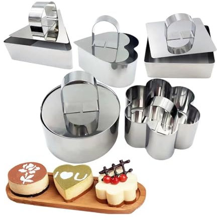 Hinapan Juego de 5 anillos de postre de acero inoxidable, moldes de acero inoxidable para tartas, con deslizador y elevador, para hacer pasteles, galletas, mousse, sándwiches