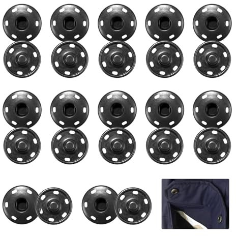12 Pcs Poppers Fasteners,Large Press Studs Snap Fasteners for Clothing Kit,Heavy Duty Metal Black Buttons,21mm Sew-On Fastener Snaps for Jackets,Coats,Clothes,Bags & DIY Crafts (Durable & Rustproof)