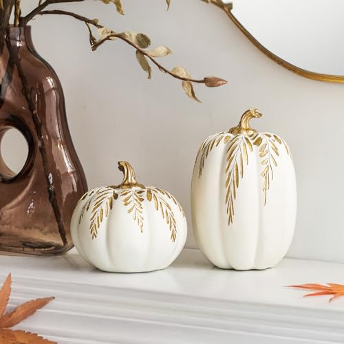 DN DECONATION Fall Pumpkin Decor, 2 PCS Resin Thanksgiving Fake Pumpkin Figurines, White Pumpkins for Decorating with Carved Gold Leaves for Home, Farmhouse, Harvest Autumn Table Centerpiece