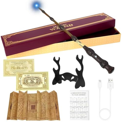 YANGUN Varita mágica Dumbledore de 38 cm con luz, varita de élder Harry P-Otter, carga USB, varita mágica de resina con tarjeta de hechizo, tarjeta de estación, mapa, soporte