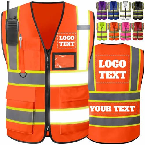 BuAKeSn Custom Safety Vest High Visibility Reflective Personalised Logo Vests with Pockets Hi Vis Men Women 2 Two Tone Construction Work