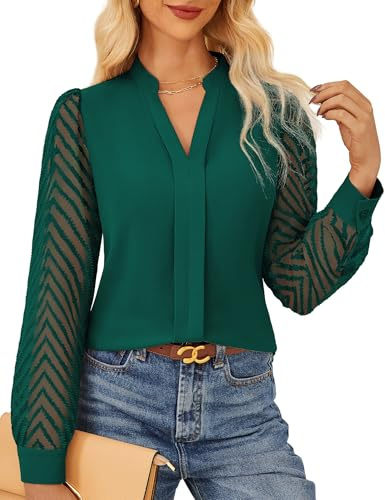 GRACE KARIN Femme Élégant Chiffon Blouse Manches Longues Bureau Basique Décontracté pour Bureau Travail Vert M