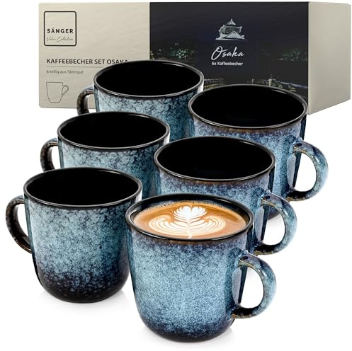 SÄNGER Osaka Kaffeebecher 6 Personen, Steingut Kaffeetassen Set 6er | Tassen Set Teetasse Set spülmaschinenfest mikrowellenfest, Coffee Mug blau mit schwarzen Rand 400 ml