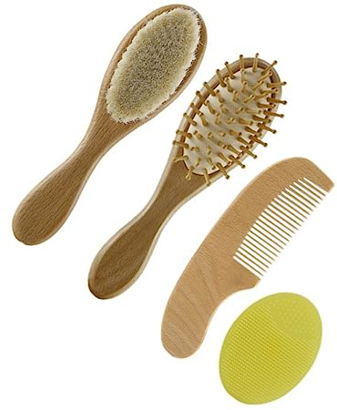 CALLARON 4pcs Wooden Hair Brush and Comb Boy Girl's Bath Utensil Safe Tender Massage Brush for Hair Wash and Cradle Cap Treatment