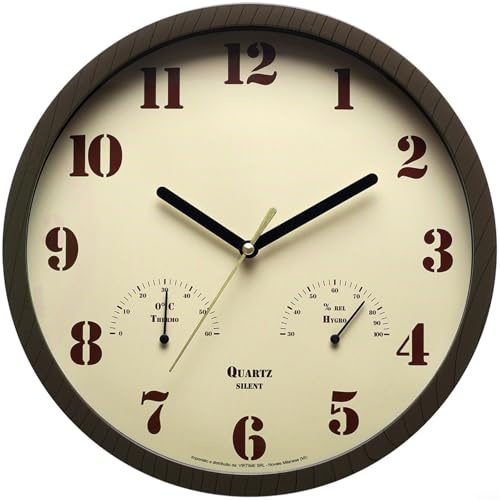 MoSundi Orologio da giardino con termometro e igrometro, montaggio a parete, per interni ed esterni, per patio, piscina, ponte, funzionamento silenzioso, display analogico di umidità della temperatura