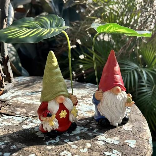 JOAASU 2 Pcs Outdoor Garden Gnomes with Leaf Umbrella, 7.1'' Gnomes Garden Statue Ornaments, Funny Resin Garden Gnome for Indoor Outdoor Home Patio Yard Lawn, for Gnome Lovers & Garden Enthusiasts