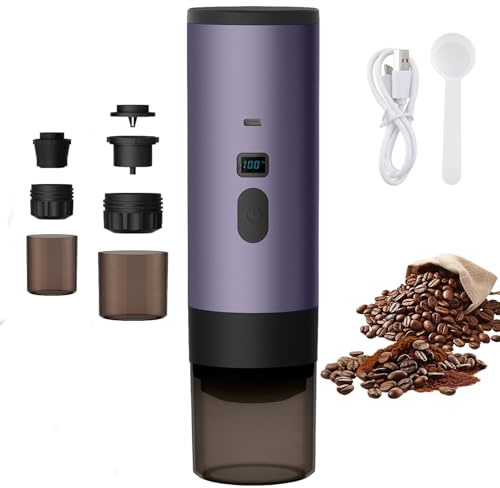 QIAKEFE Macchina per caffè portatile, 3 in 1, per caffettiera, 12 V, ricaricabile, caffè espresso, 90 ml, per prenotazione di acqua, compatibile con capsule e caffè macinato, per ufficio campeggio e