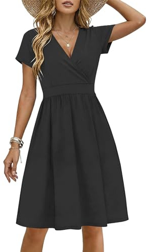 WNEEDU Summer Dresses for Women UK Short Sleeves V Neck | Wrap waist, A-line hem, Side pockets, Knee length, Lightweight, Daily casual, Solid & printed, Ladies beach dress