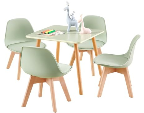 EGGREE Mesa Infantil con 4 sillas, Grupo de Asientos para niños, de Madera Maciza de Haya sostenible FSC, para niños de 1 a 6 años, Muebles Infantiles para dormitorios, guarderías,Verde