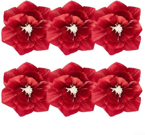 3D-Papierblumen für Party, Tafelaufsatz, Dekoration, Krepppapierblumen, handgefertigt, künstliche Blüten, Babyparty-Tischdekoration, 6 Stück (Großrot)