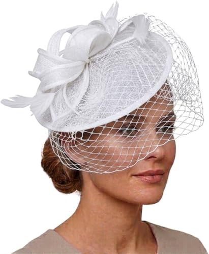 Caprilite Sinamay Fascinator mit Untertasse, Fascinator, für Hochzeit, Ascot-Hut, Vogelkäfig-Schleier, weiß, Einheitsgröße