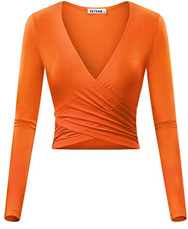VETIOR Women's Sexy Deep V Neck Short Sleeve Unique Slim Fit Cross Wrap Shirts Crop Tops Going Out Tops, Orange-2, S