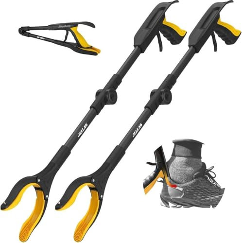 Jellas 2 Stück Faltbare Greifer mit Schuhlöffel, 0°- 180° abgewinkelter Arm, 80cm Langer Greif-Werkzeug mit Magnetspitzen für die Müllabfuhr, Abfallsammlung, Armverlängerung, RGDF01 (gelb)