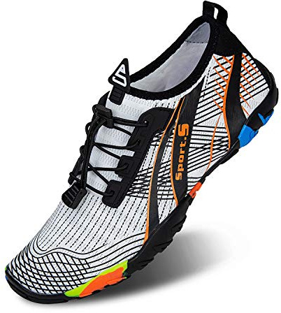 IceUnicorn Strandschuhe Badeschuhe Damen Herren Schwimmschuhe Aquaschuhe Sommer Schnell Trocknend Surfschuhe(Weiße Orange,43EU)