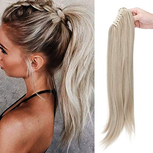 SEGO Ponytail Extension Pferdeschwanz Zopf mit Klammer Haarteil Haarverlängerung Hair Piece Haar Hitzebeständig Micro-wavy wie Echthaar 22(55cm)Aschblond Mix Bleichblond