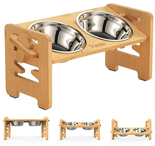 Vantic Hundenapf erhöht mit Ständer, Hundebar höhenverstellbar Futternapf für kleine Hunde und Katzen, haltbar Futterbar Futterstation Bambus mit 2 Edelstahlnäpfen und Rutschfesten Füßen