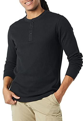 Amazon Essentials Men's Regular-Fit Long-Sleeve Waffle Henley Shirt, Black, M