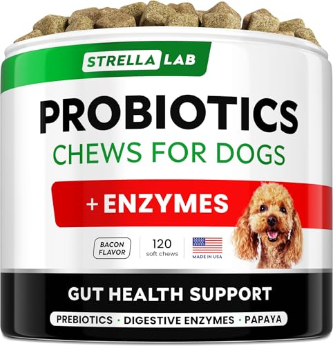 StrellaLab Golosinas probióticas para perros para comedores exigentes, enzimas digestivas + prebióticos, suplemento de fibra masticable, alergia, diarrea, gas, estreñimiento, alivio del malestar