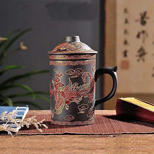 HonHeam Tazza da tè in ceramica cinese, dipinta a mano, con coperchio e infusore, Yixing Zisha, tazza da tè per ufficio, casa (Black Phoenix)