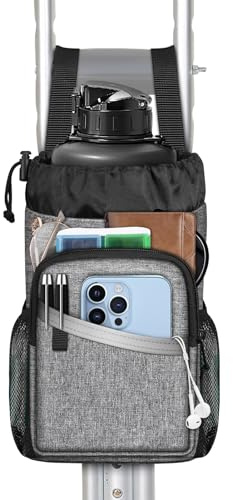 FINPAC Crutch Accessories Bag, Water-Resistant Storage Organizer Tote Bag with Drink Holder and Zipper Pouch for Crutches, Underarm Crutches Attachment, Gray