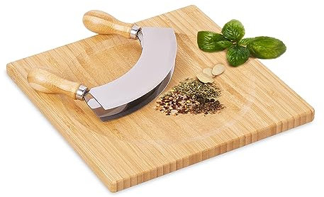 Relaxdays Wiegemesser mit Brett, Bambus & Edelstahl, zweischneidiges Kräutermesser, Kräuterbrett 25x25 cm, natur/silber