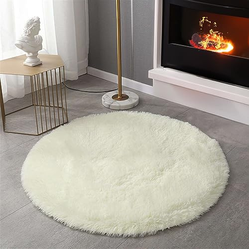SK Studio Runden Hochflor Teppich Wohnzimmer rutschfest Fellteppich Shaggy Flauschig Weich Modern Teppiche für Schlafzimmer Wohnkultur Weiß, 120x120cm