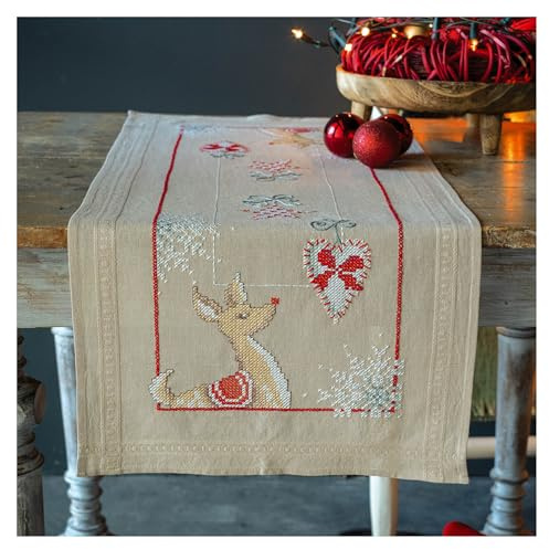 Vervaco Stickpackung Kreuzstich Set Vorgedruckt Tischläufer Rentiere und Weihnachten Stickdecken Vorgezeichnet DIY Basteln Kreativ Stickläufer zum Selbersticken 40 x 100 cm Stickset Weihnachten