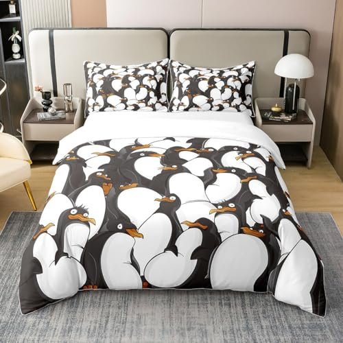 richhome Cartoon Pinguin 100% Bio-Baumwolle Tröster-Bezug Nette Tiere Bettbezug Set 200x200 Abstrakte Wildlife Graffiti Bettwäsche Set mit 2 Kissenbezügen