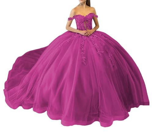 Sparkly Sequin Quinceanera Dresses Lace Off Shoulder Pageant Gowns with Train Princess Puffy Tulle Ball Gown Fuchsia UK8