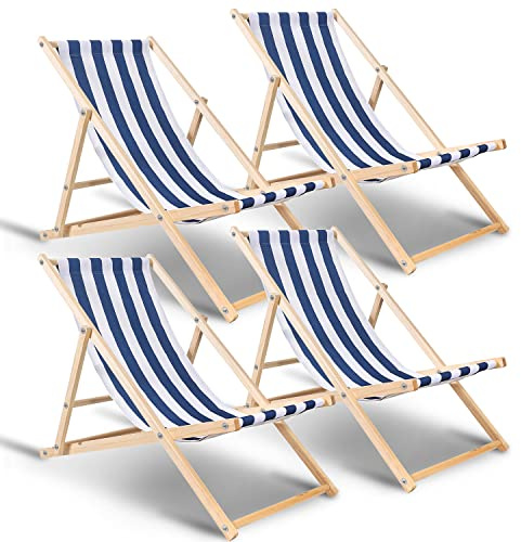 Ikodm 4er Set Liegestuhl klappbar Holz,120kg max Gartenliege Klappbar Verstellbar Liegestuhl Garten wetterfest Sonnenliege Holz Relaxliege Garten für Camping Balkon Pool,Blaue und weiße