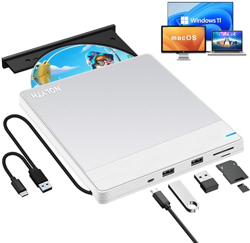 NOLYTH External CD Drive for Mac: USB 3.0 Type-C DVD Burner Player for Laptop Windows PC MacBook Desktop with SD/TF/2 USB Ports Plug & Play(Silver-White)