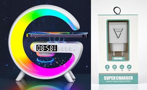 Lámpara de Mesa LED RGB Inteligente Forma de G, Altavoz Bluetooth, Reloj Despertador, Cargador Inalámbrico 10W, Lámpara de Luz Nocturna Regulable, Adultos & Niños Dormir, lamparas inalambricas.