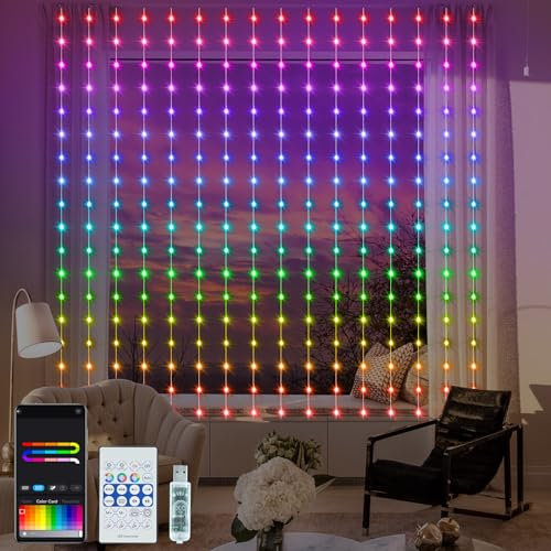 ZAIYW 144 LED Intelligent Light Curtain RGB 5050 with Integrated Chip, 2.4M x 1.8M Curtain Fairy Lights Remote Control and APP Control, Fairy Lights Curtain Indoor for Background Terrace Bedroom